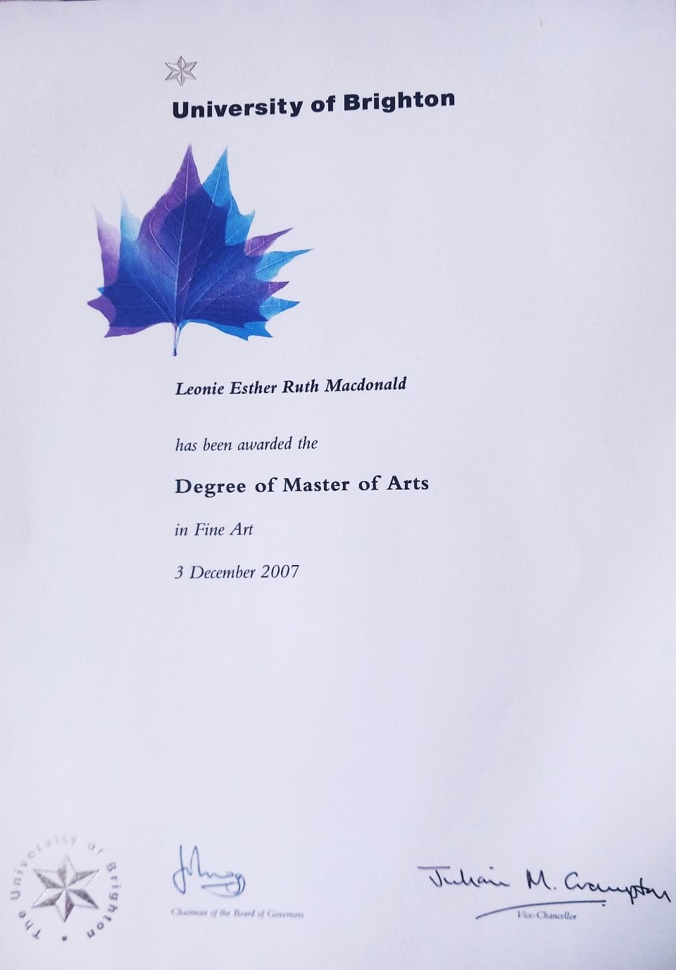 Degree in Master of Arts Fine Art